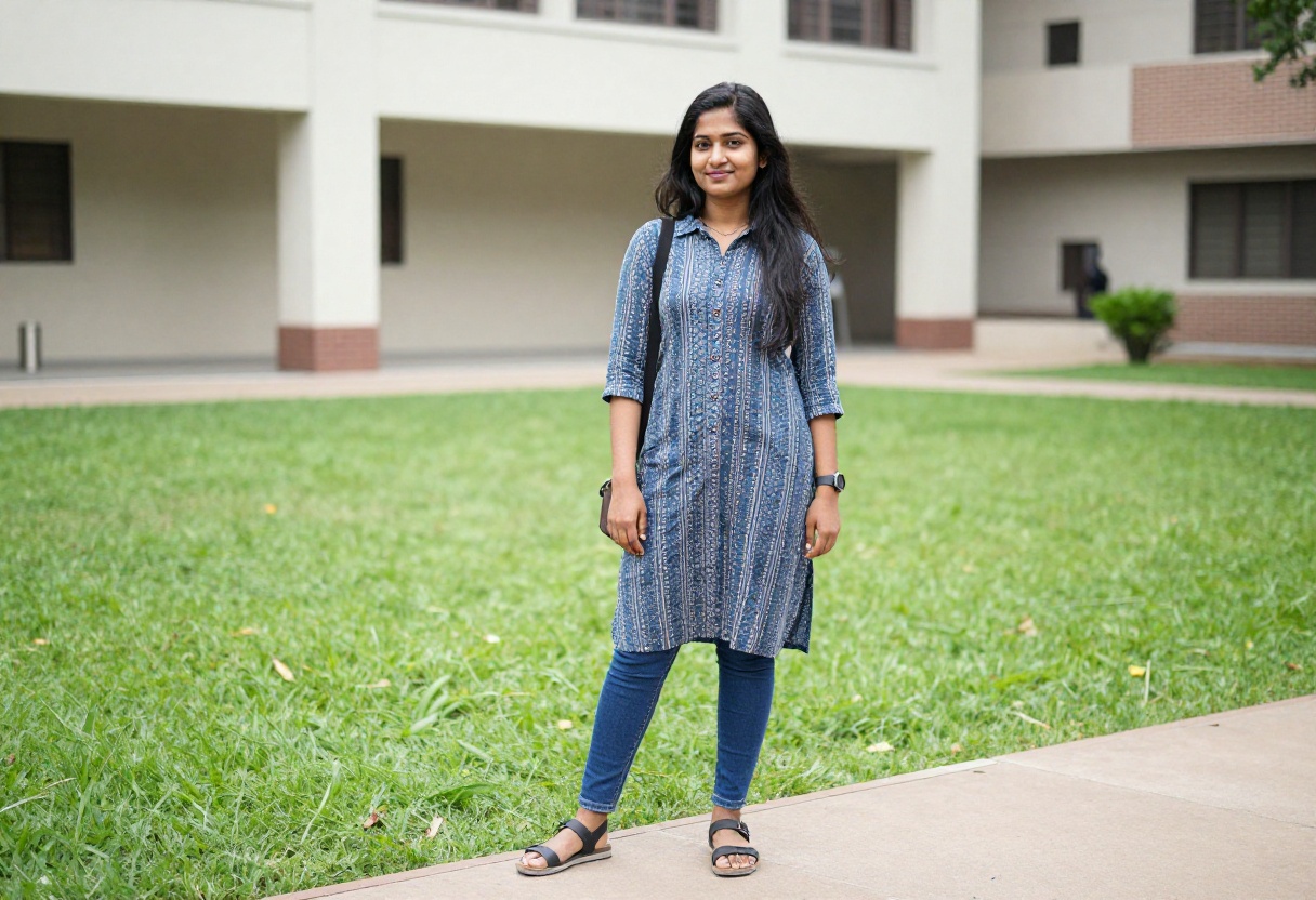 Young woman in printed kurti and jeans on college campus