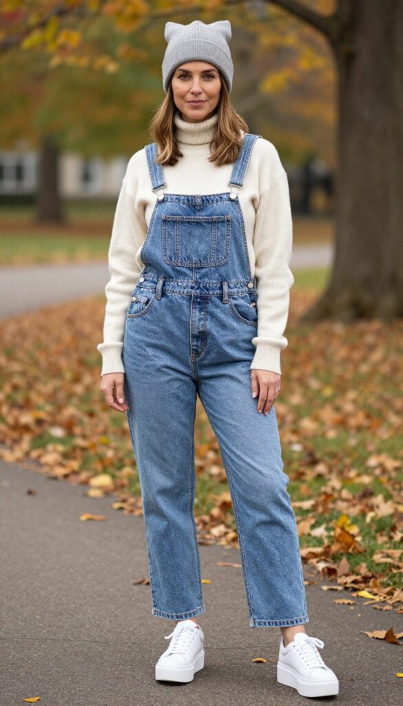 3. Turtleneck with Overalls and Animal Ears Beanie