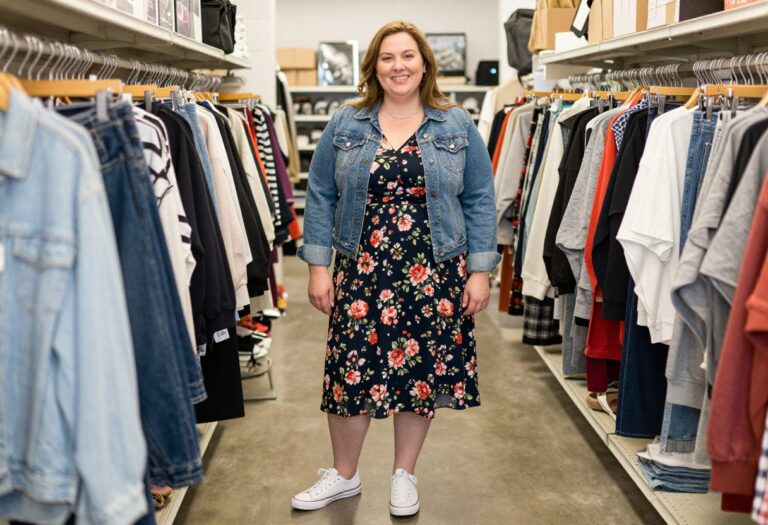 Plus size woman in thrifted floral dress and denim jacket at thrift store