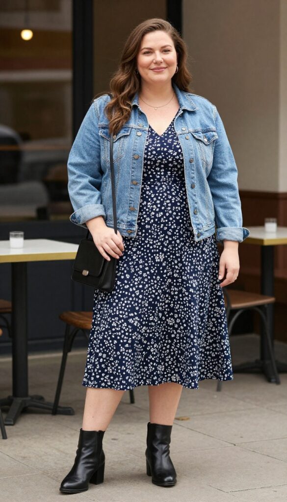 2. Denim Jacket + Floral Midi Dress + Ankle Boots