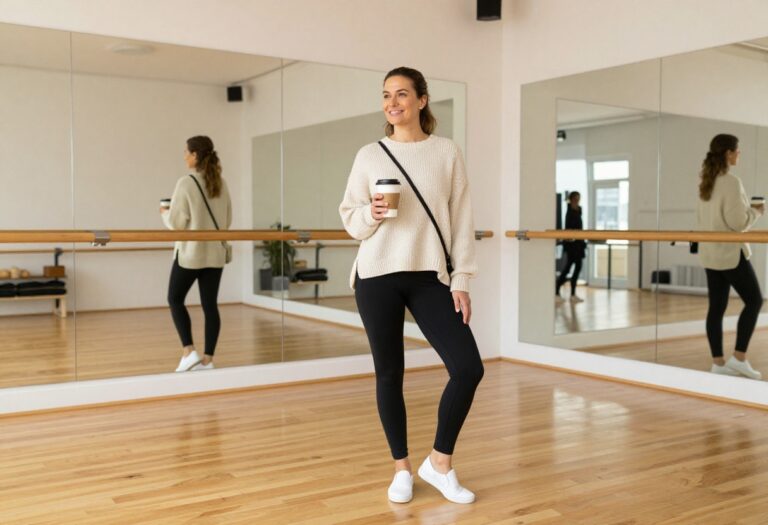Dance mom in leggings, oversized sweater, and sneakers holding coffee in a studio lobby