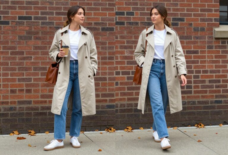 Young woman in jeans, white tee, and trench coat on campus with coffee and crossbody bag.