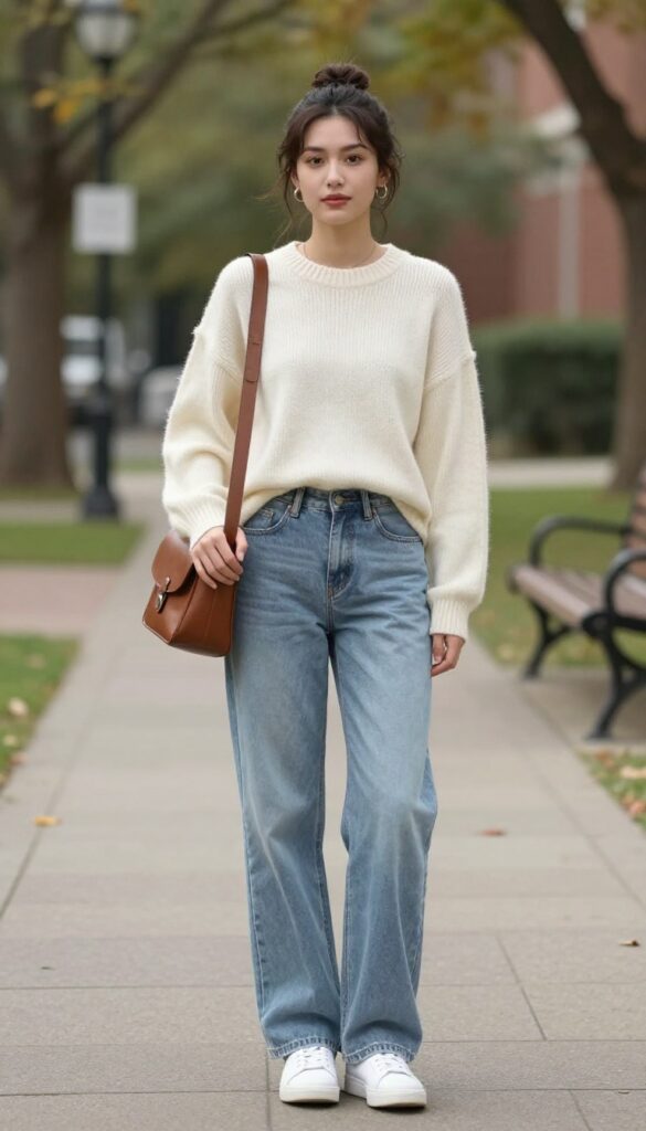 1. Cream Knit Sweater with Wide-Leg Jeans and White Sneakers