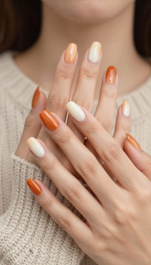 Burnt orange to cream ombré nails on almond shape with glossy finish