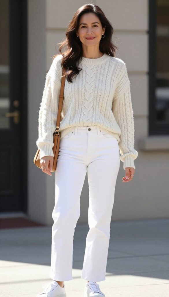 2. Cable Knit Sweater with White Jeans and Sneakers