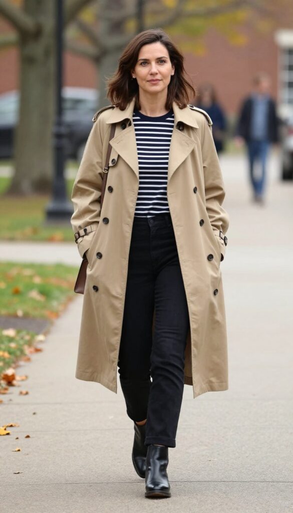 12. Trench Coat with a Striped Top and Black Pants