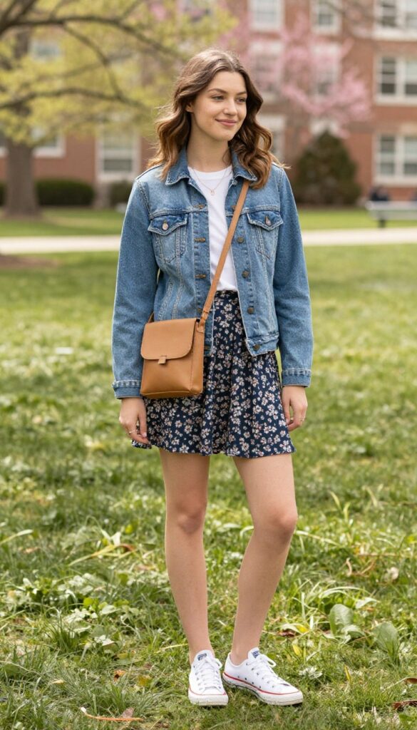12. Denim Jacket + Floral Midi Skirt + Converse