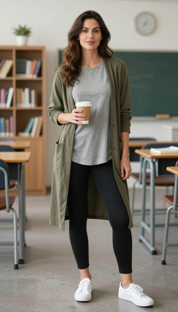 13. Tunic Top with Leggings and a Long Cardigan