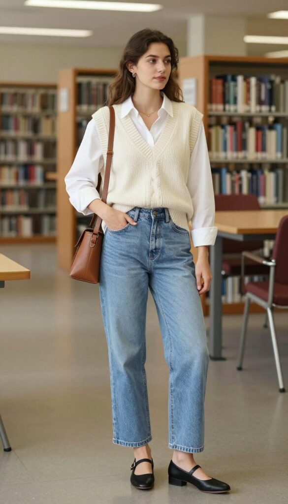 13. Sweater Vest + White Button-Down + Wide-Leg Jeans + Mary Janes