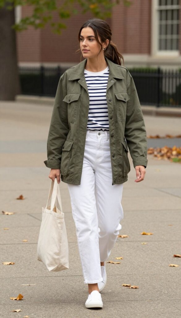 13. Utility Jacket + Striped Tee + White Jeans + Slip-On Sneakers