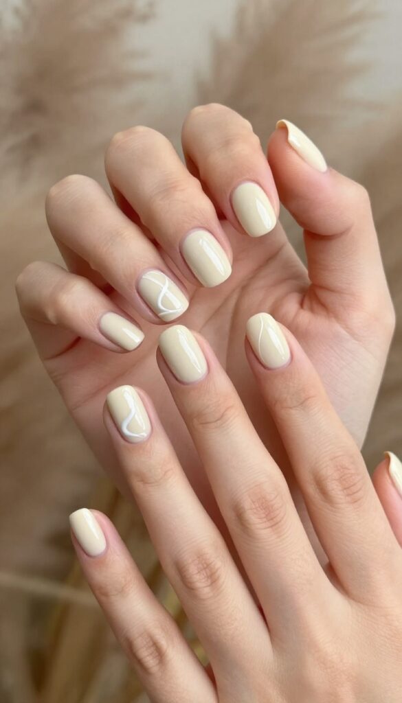 Cocoa swirl nails with creamy milk chocolate base and white swirl design on short nails