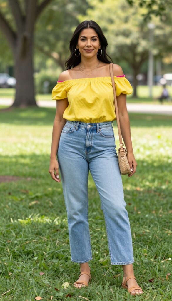 1. Off-Shoulder Top with High-Waisted Jeans