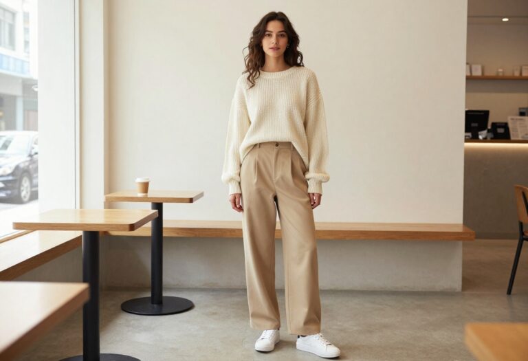 Woman in oversized knit sweater and wide-leg trousers in a coffee shop