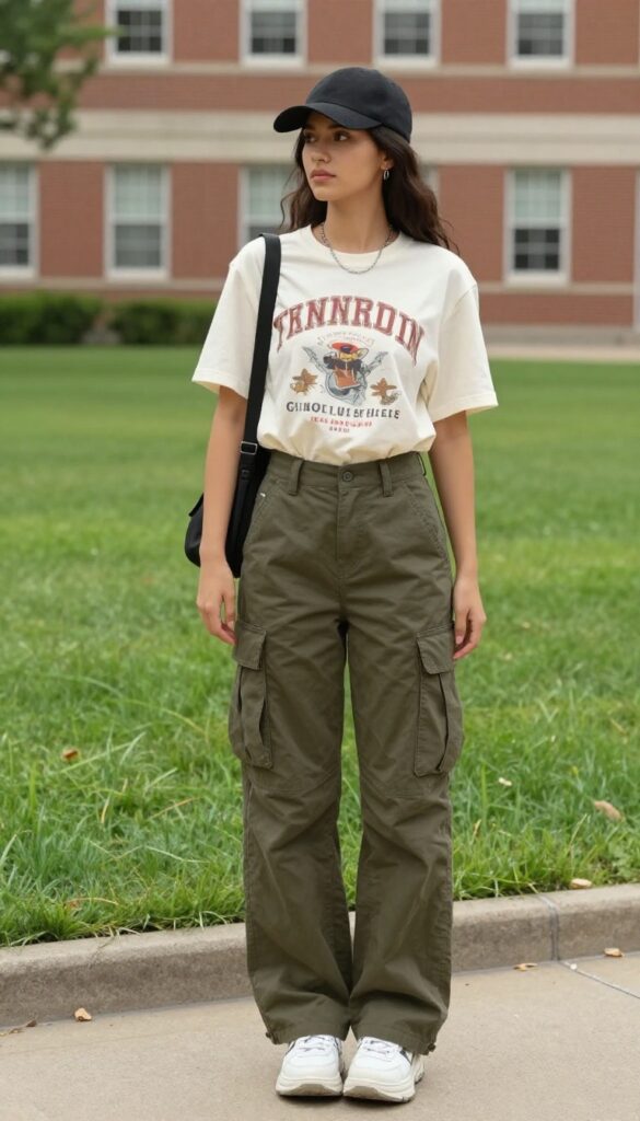 3. Graphic Tee with High-Waisted Cargo Pants