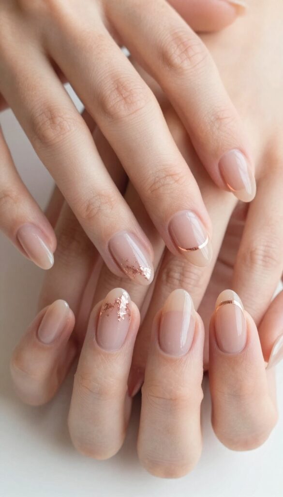 Almond nails with sheer nude base and rose gold foil accents