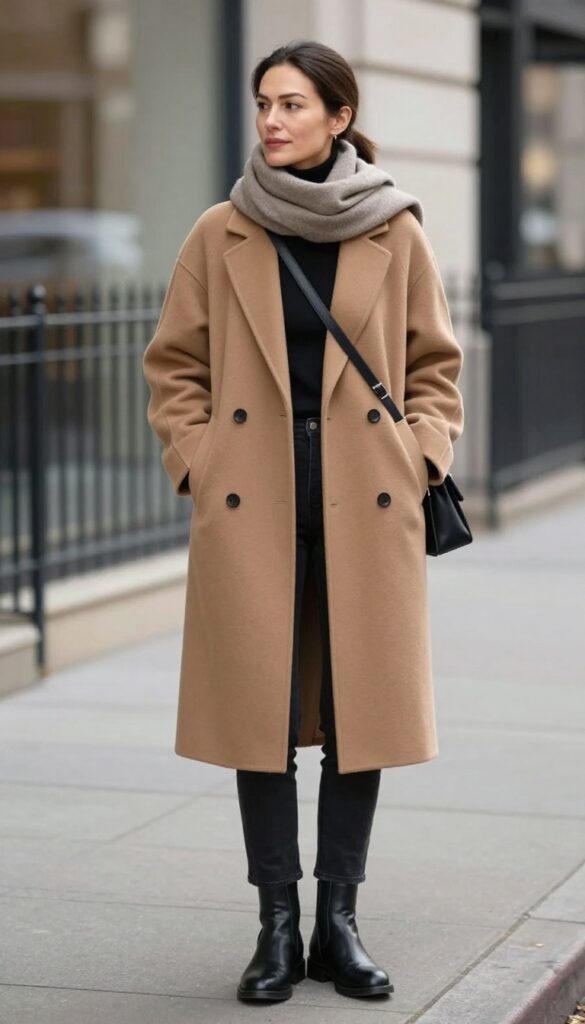 10. Camel Coat over All-Black Outfit