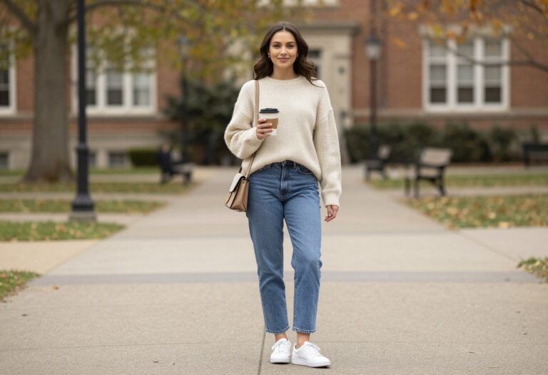 Young woman in cozy sweater and jeans on campus holding coffee