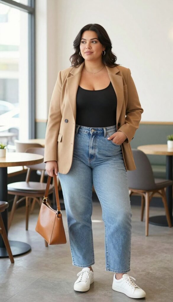 1. High-Waisted Jeans + Fitted Bodysuit + Blazer