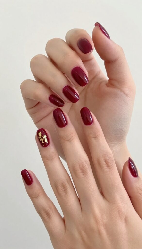 Cranberry velvet matte nails with gold foil accents on almond-shaped nails