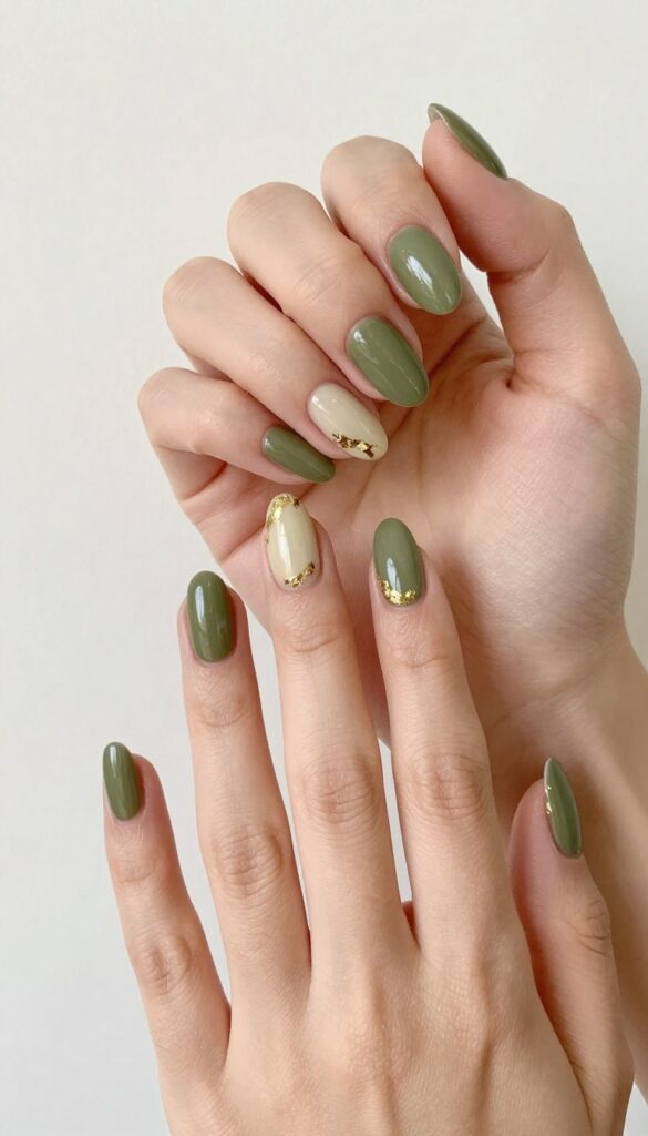 Olive green nails with gold foil accents, fall manicure idea