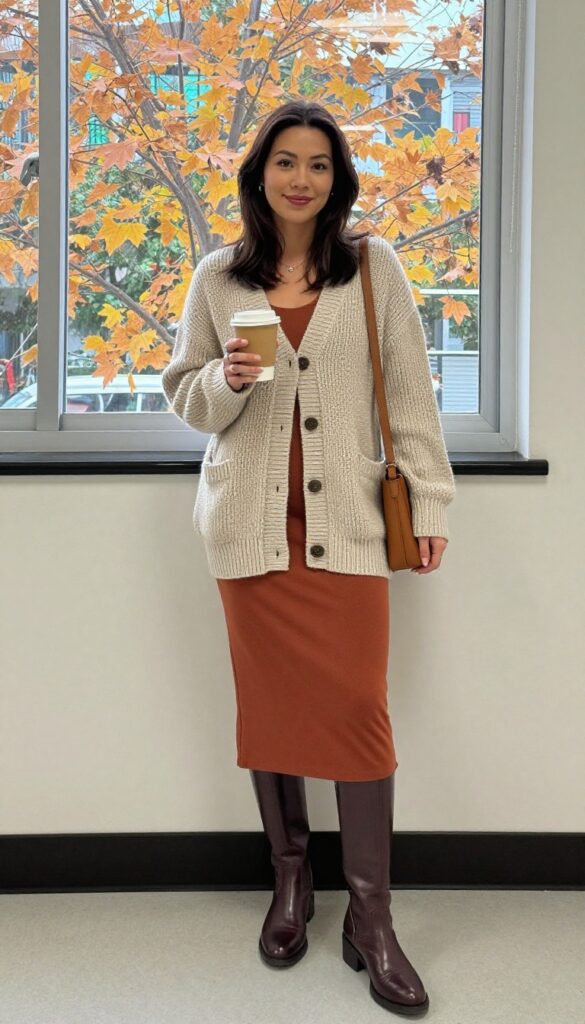 1. Chunky Knit Cardigan Over a Midi Dress