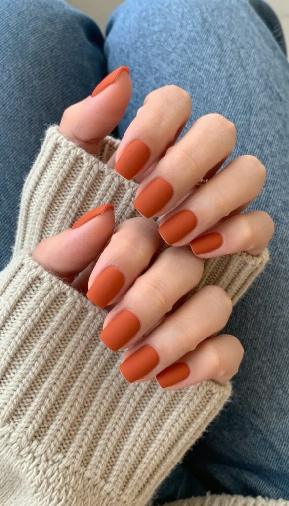Short square nails in burnt orange with matte top coat, resting on a cozy sweater
