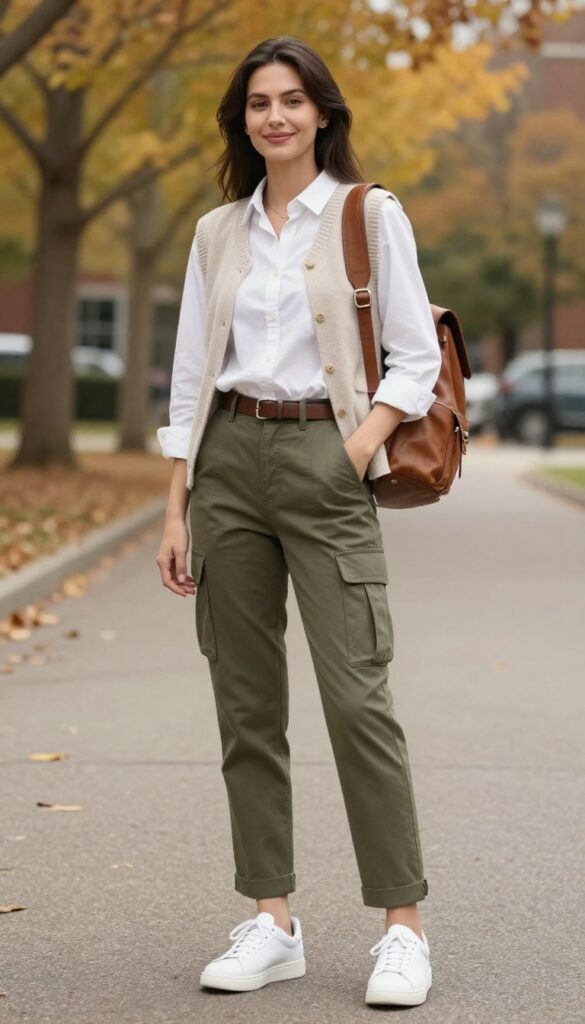 9. Oxford Shirt with a Sweater Vest and Cargo Trousers