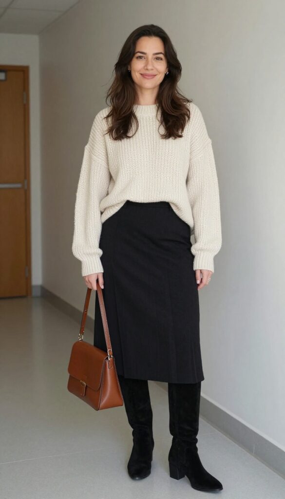 6. Chunky Sweater with Pleated Midi Skirt and Knee-High Boots