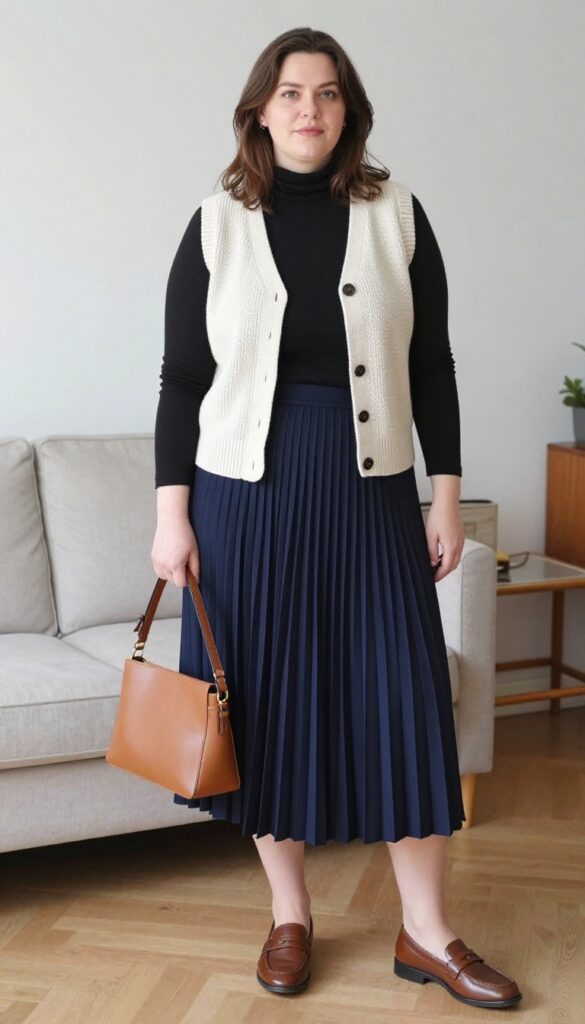 8. Knit Vest + Long-Sleeve Tee + Pleated Midi Skirt