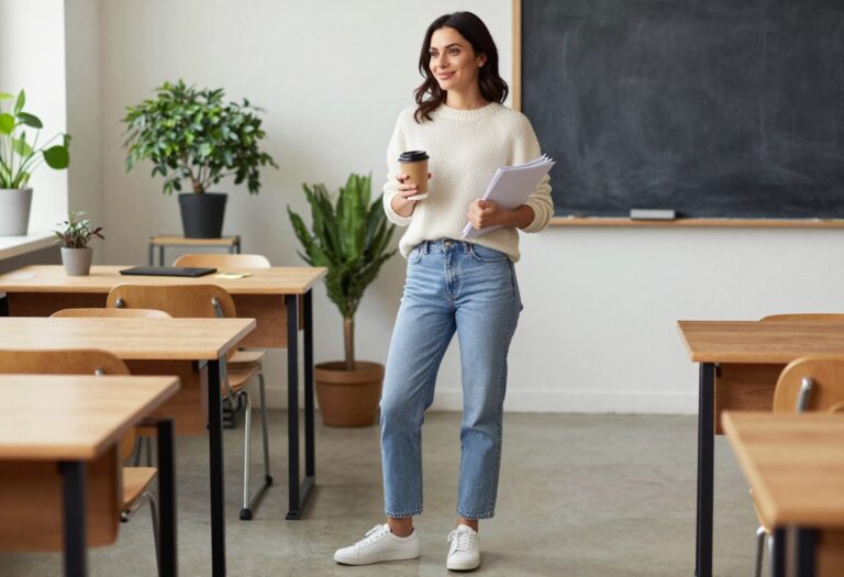 Casual teacher outfit with cream sweater, straight-leg jeans, and white sneakers in a bright classroom