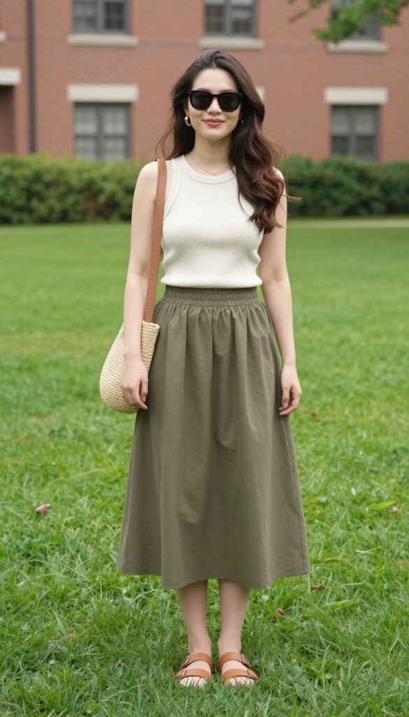 4. Knit Tank Top + Midi Skirt + Slide Sandals