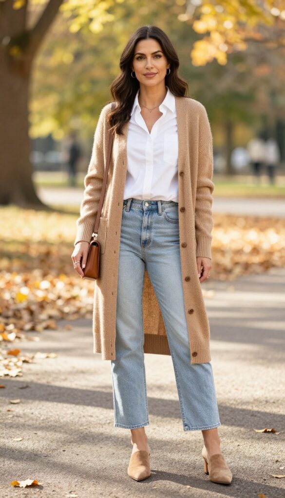 15. Cardigan + Button-Down + Cropped Jeans + Mules