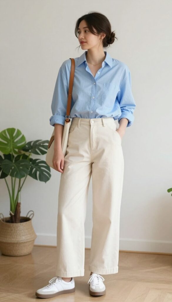 4. Pastel Blue Button-Down with Wide-Leg Trousers
