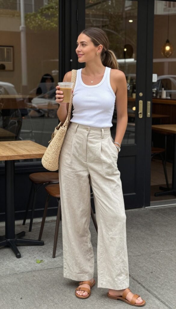 7. Tank Top with Linen Wide-Leg Pants and Slide Sandals