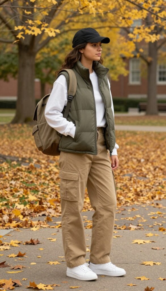 13. Puffer Vest + Long-Sleeve Tee + Cargo Pants
