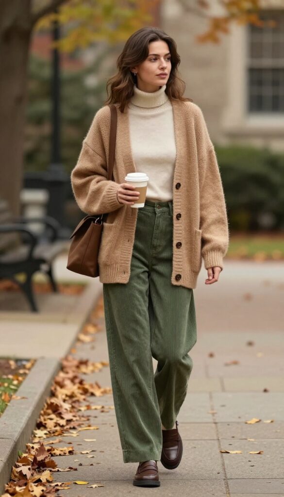 3. Oversized Cardigan + Turtleneck + Corduroy Pants