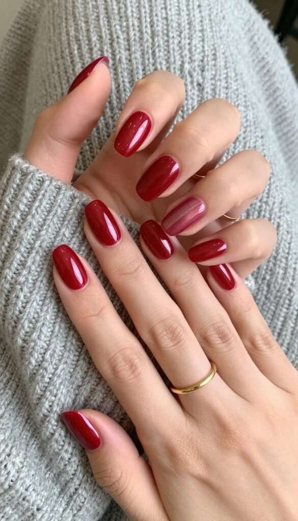 Cranberry chrome gloss nails on a hand resting on a knit sweater