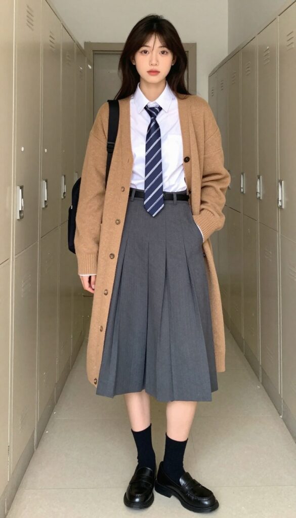 5. Cardigan with a Tie and High-Waisted Skirt