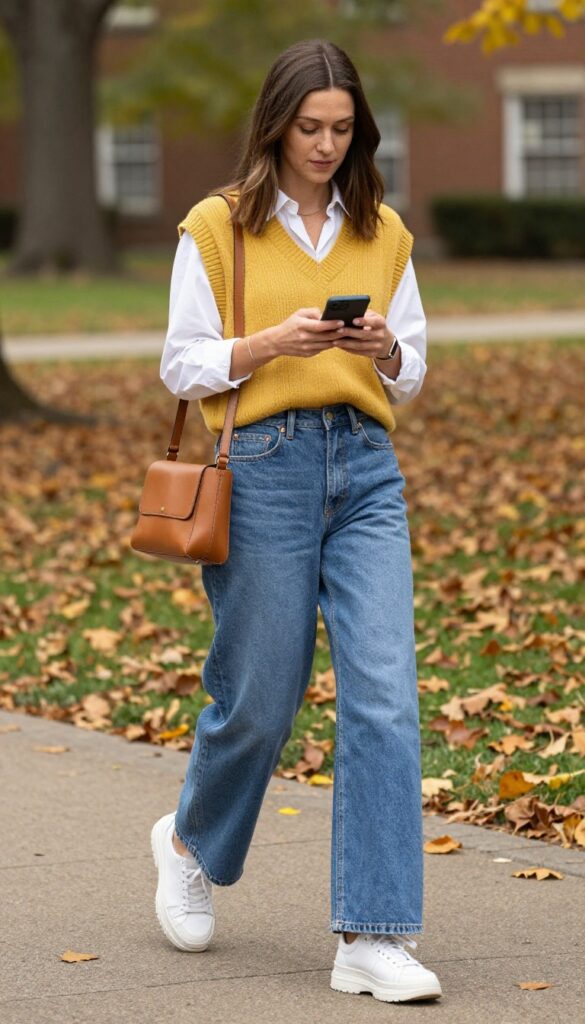 4. Sweater Vest over a White Button-Down with Wide-Leg Jeans