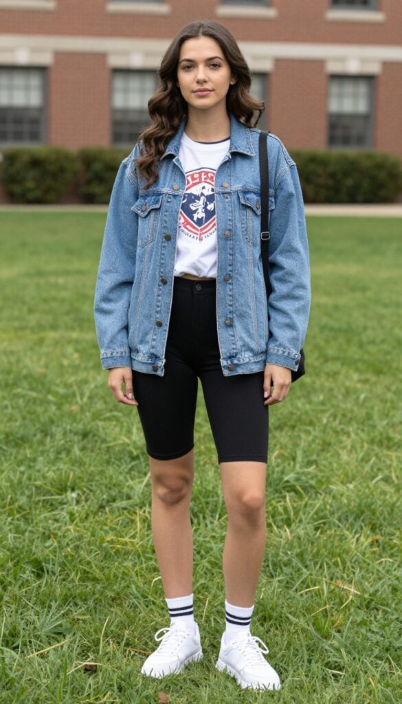 7. Denim Jacket over a Graphic Tee with Bike Shorts and Sneakers