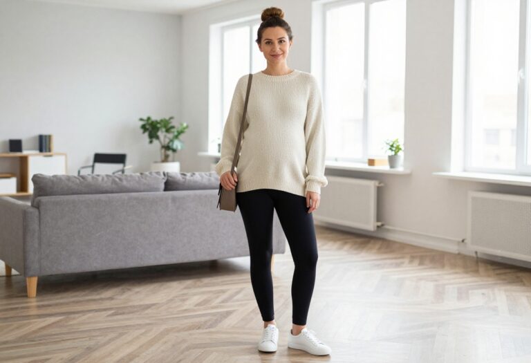 Pregnant woman in cozy oversized sweater and leggings, standing in bright living room