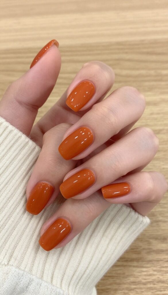 Short almond nails in burnt orange with matte finish