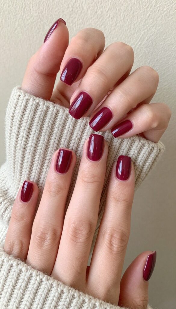 Short square burgundy glossy nails on a woman's hands resting on a sweater