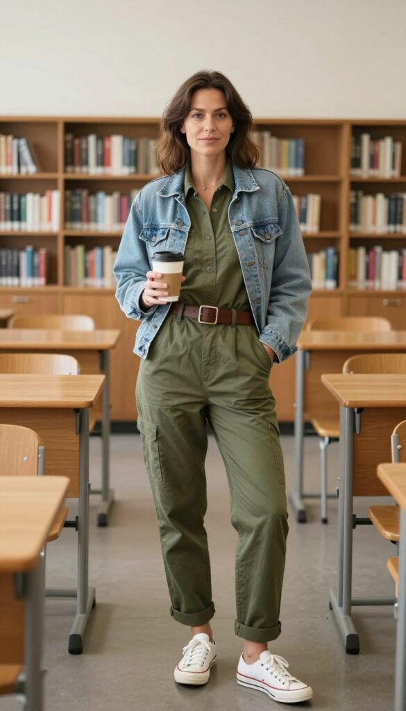 8. Utility Jumpsuit with a Belt and Canvas Sneakers