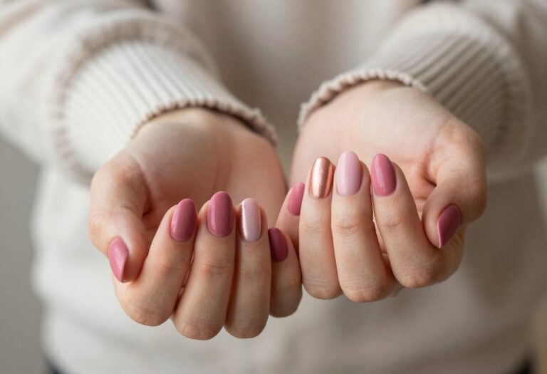 Pink fall nail designs with dusty rose matte and rose gold ombré manicure on a woman's hands