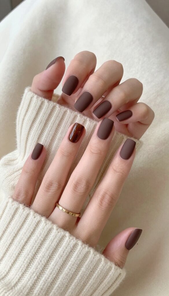 Short nails with matte brown and glossy accent nail