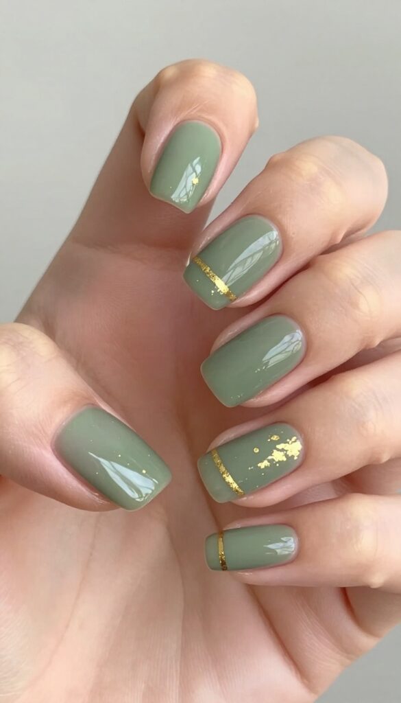 Short square nails with olive green polish and gold foil accents