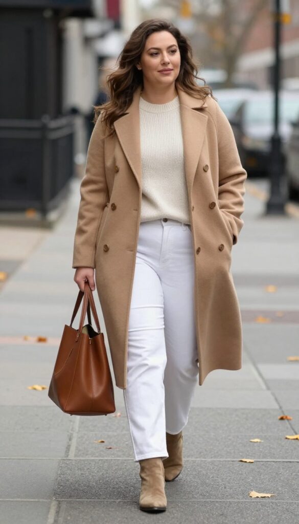 11. Layered Neutrals: Camel Coat, White Jeans, and a Knit