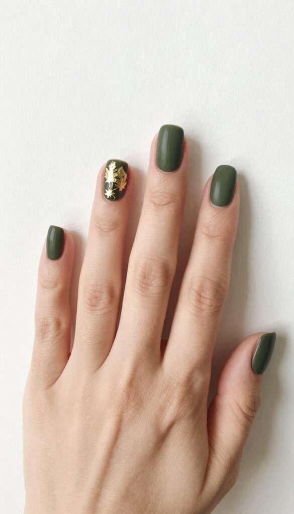 Olive green nails with gold foil accents manicure