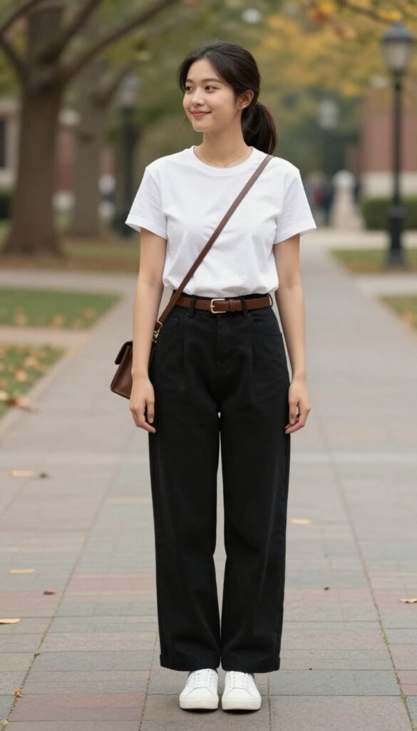 4. Tucked-in T-Shirt with High-Waisted Wide-Leg Trousers